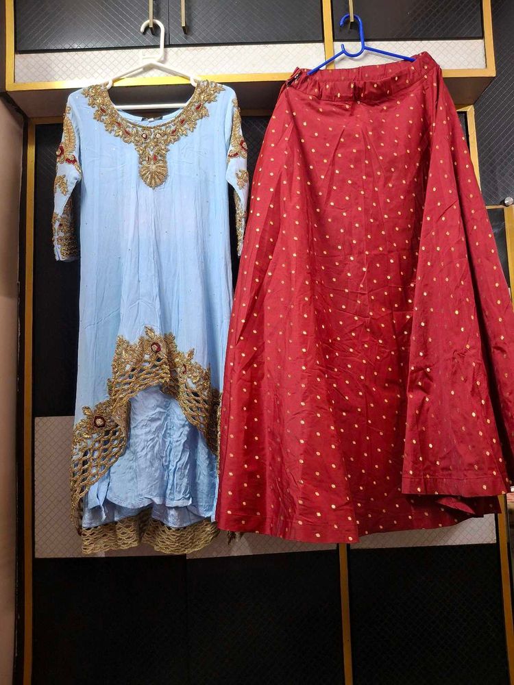 Sky Blue Embroidered high low lehnga set