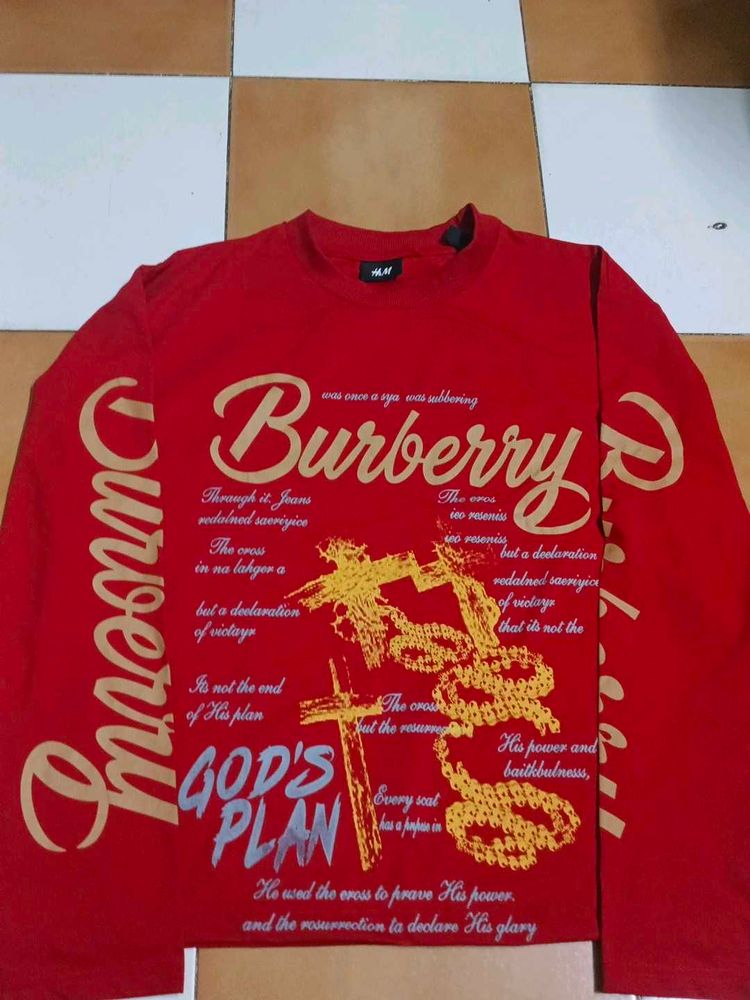 Red Burberry Long Sleeve waffle boxy Tee