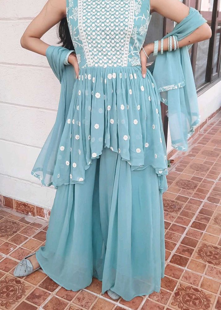 sea green/blue short kurti palazzo dupatta set