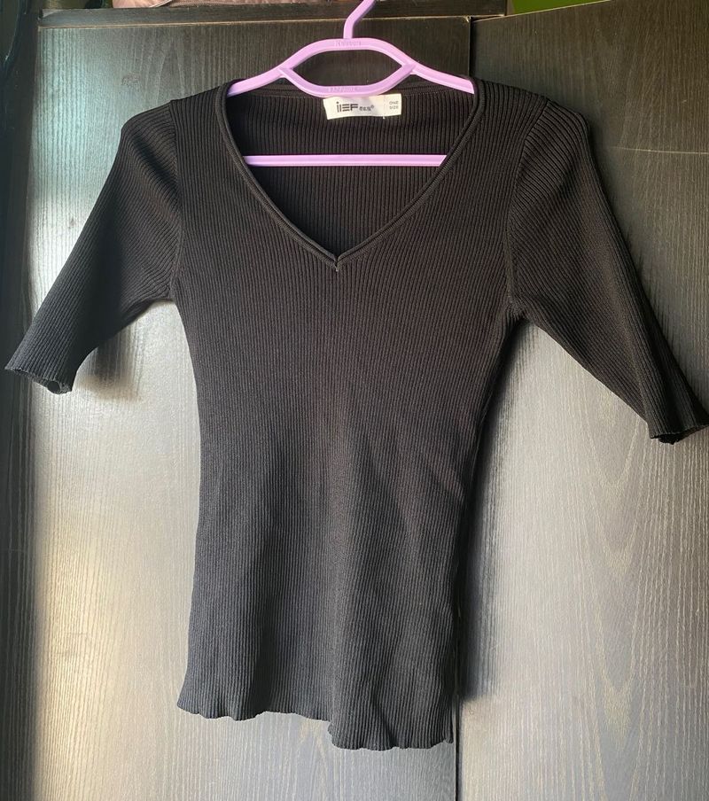 Ribbed V-Neck 3/4 Sleeve Top