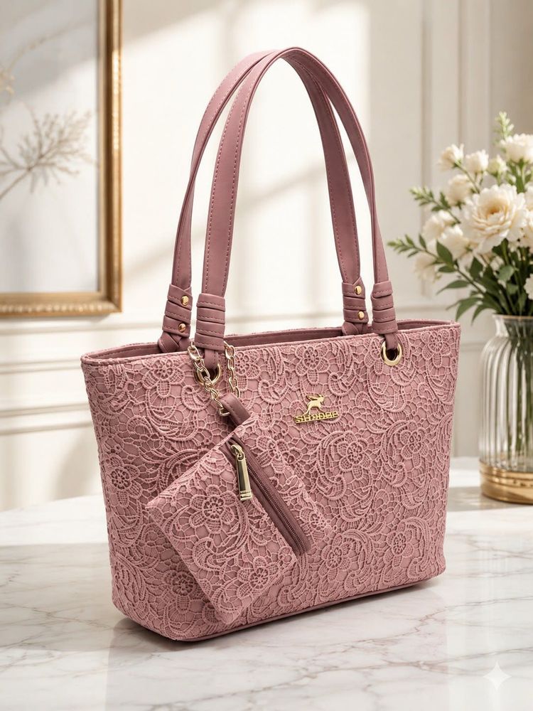 Elegant Pink Lace Tote Bag with Coin Purse