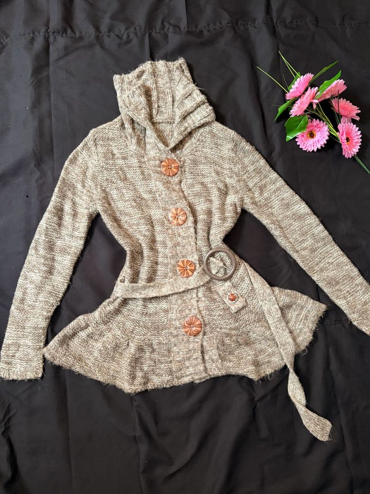 Womens Hooded Knit Cardigan with Belt