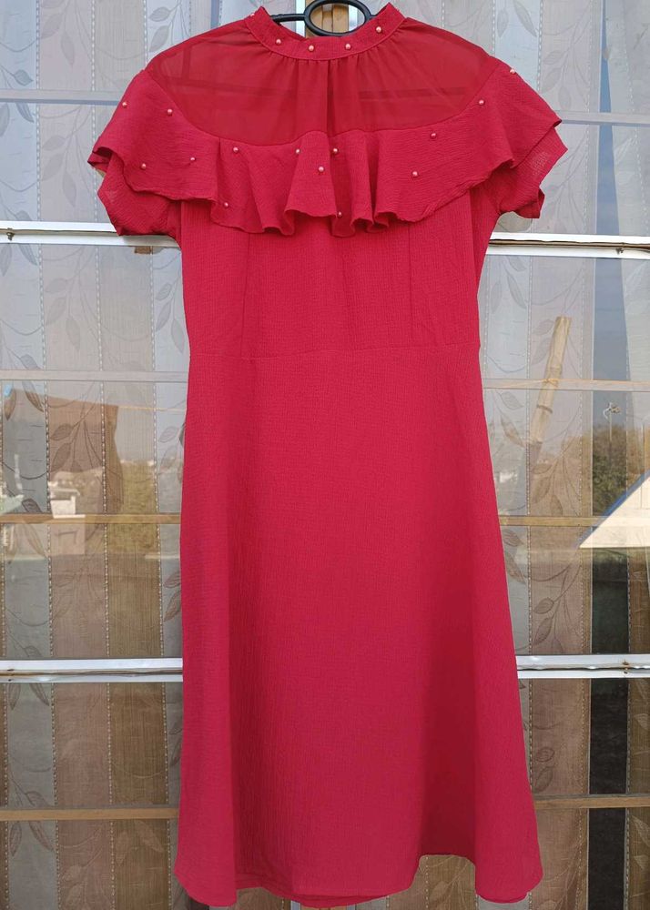 Red Ruffled Sheer Neck Dress