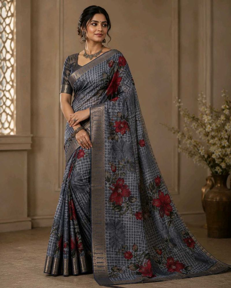Elegant Floral Printed blue Saree
