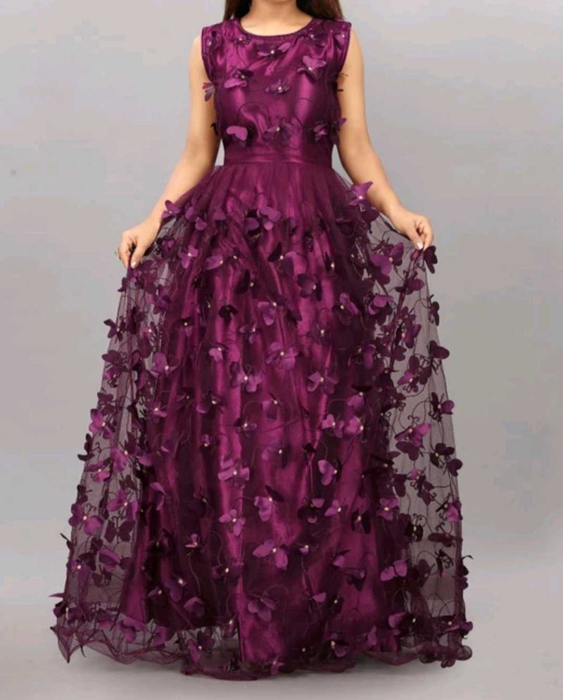 Elegant Purple Floral Applique Gown