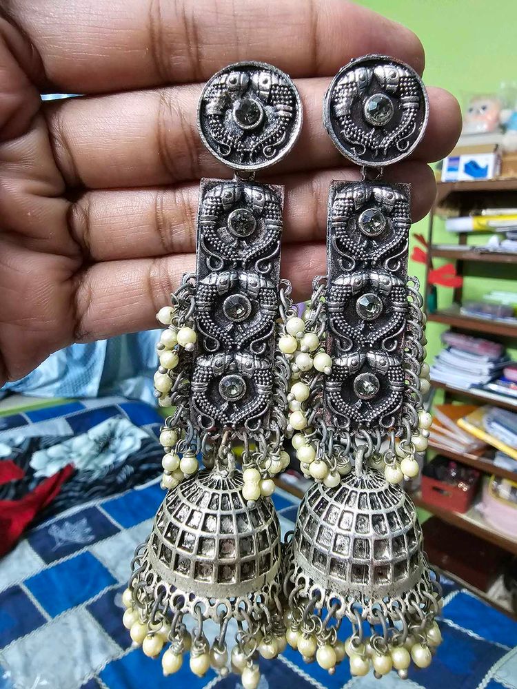 Oxidized Silver Jhumka Earrings
