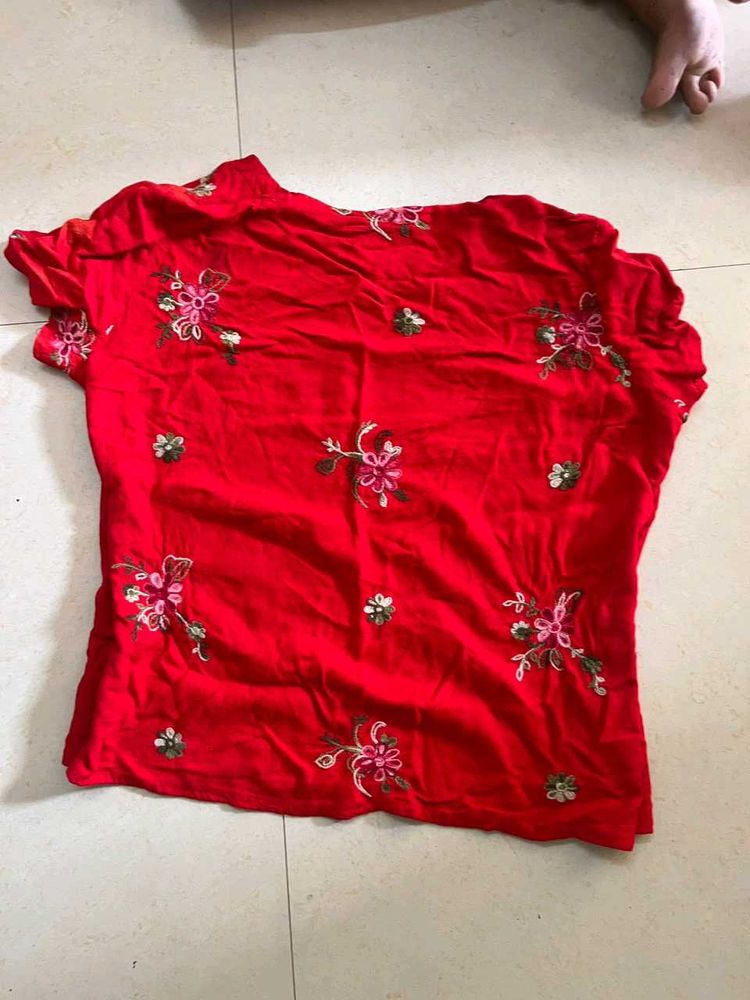 Red Embroidered Short Sleeve Top