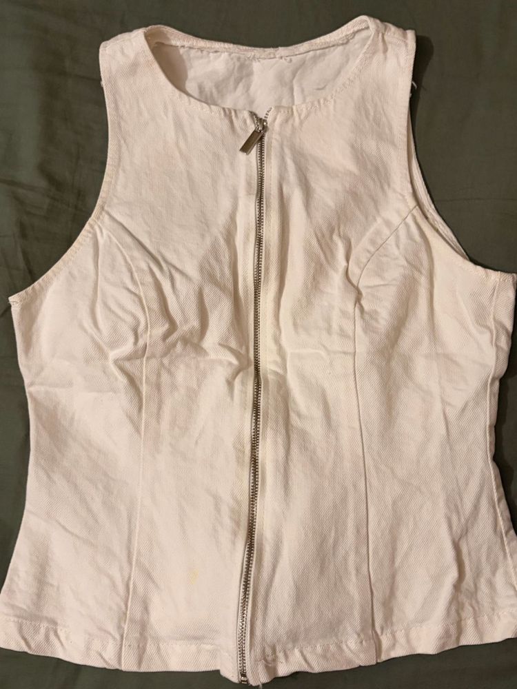 Sleeveless White Zip-Up Top