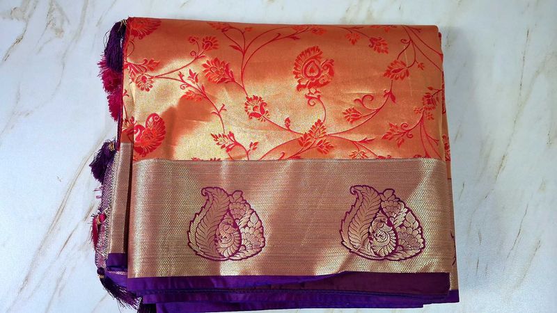 Elegant Orange &amp; Red purple border Silk Saree