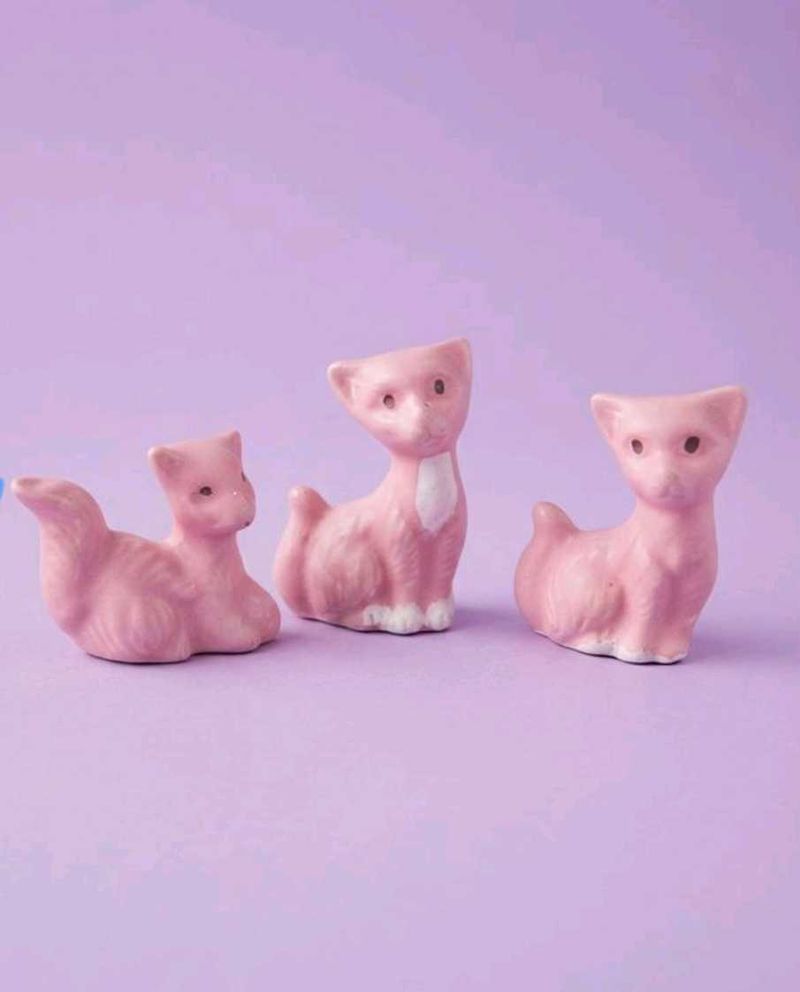 Set of 3 Pink Ceramic Cat Figurines