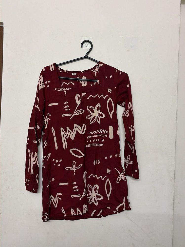 Maroon Printed Long Sleeve Kurta