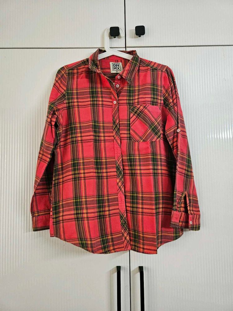 Classic Coral Pink Plaid Button-Up Shirt