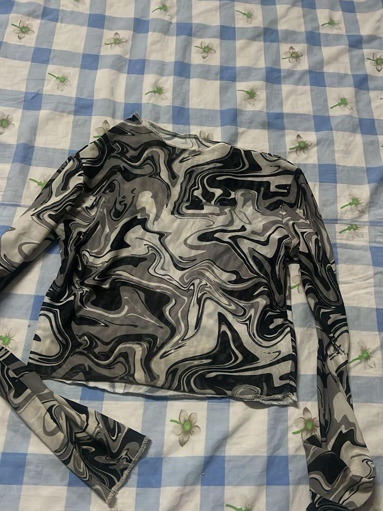 Marble Print Sheer Mesh Top
