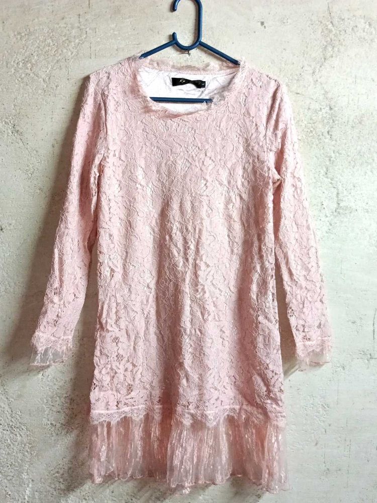 Stylish Lace Mini Dress Layered Pink