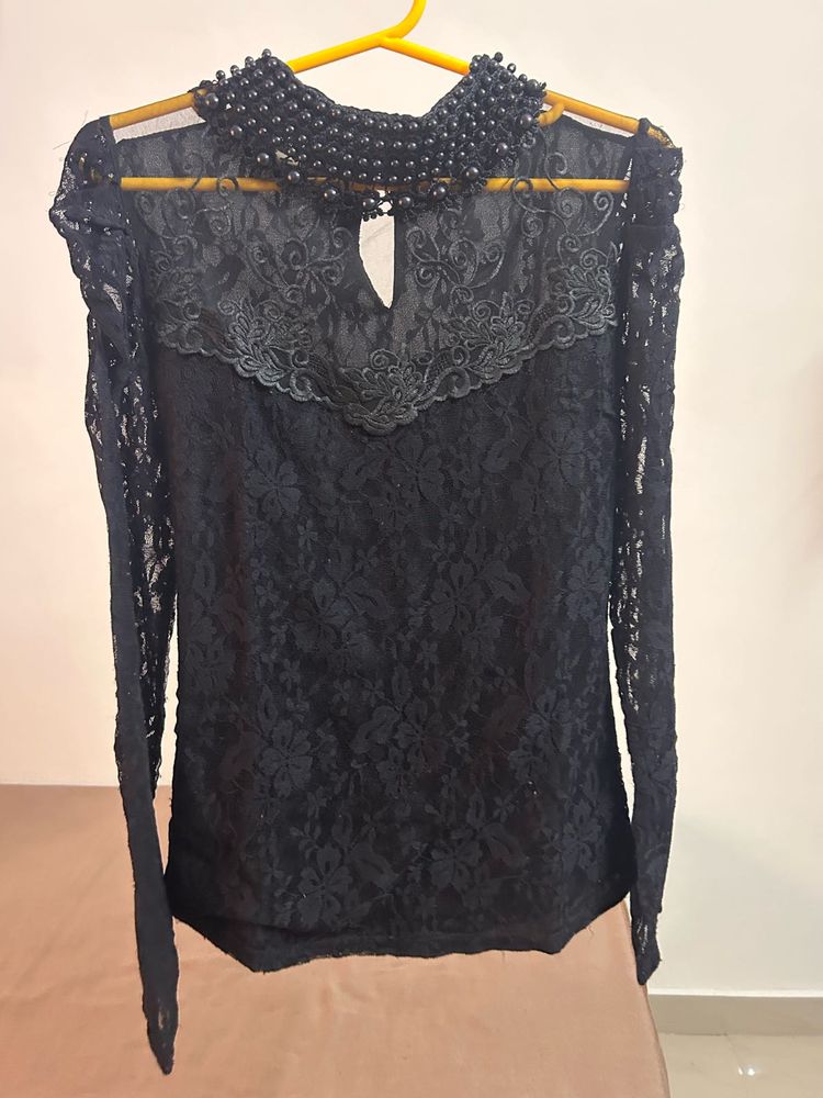Elegant Black Lace Top with Pearl Collar