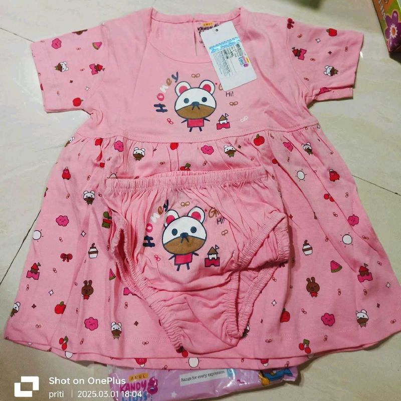 Cute Pink Bear Print Dress &amp; Panty Set
