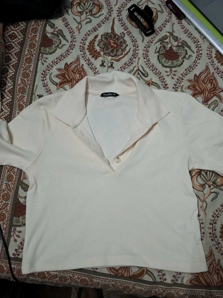 Cream Collared Cropped Top