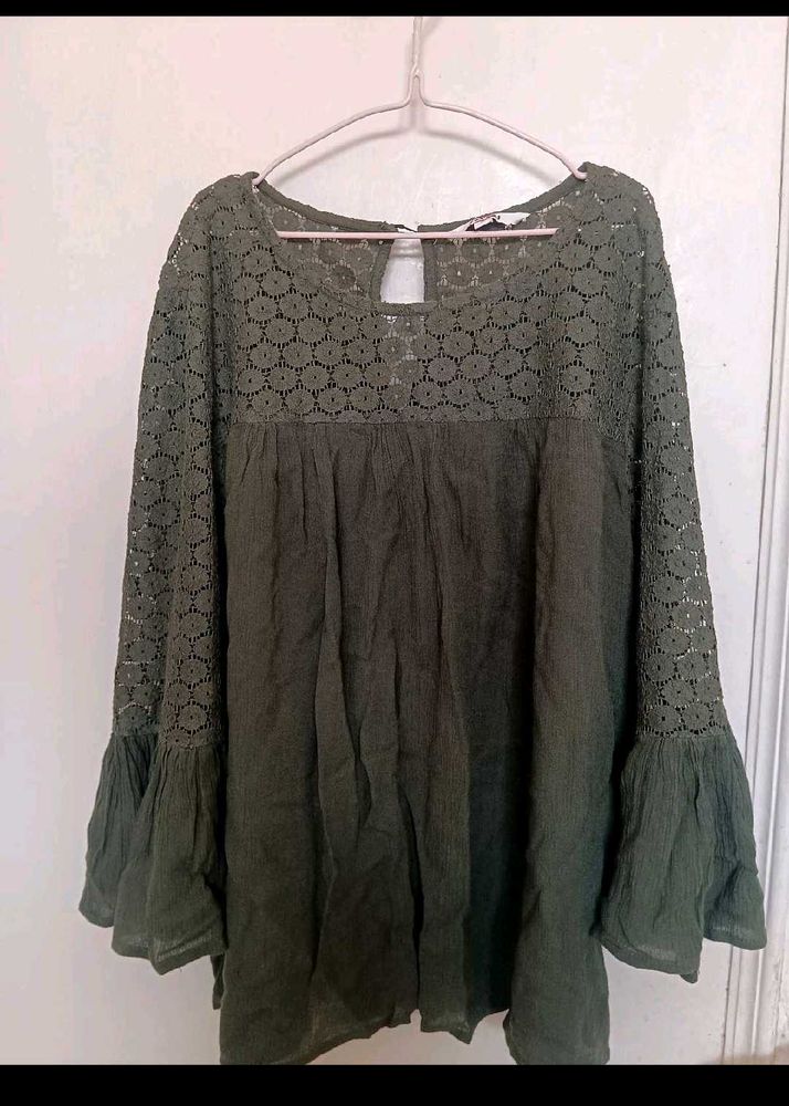 Olive Green Crochet Top with Bell Sleeves