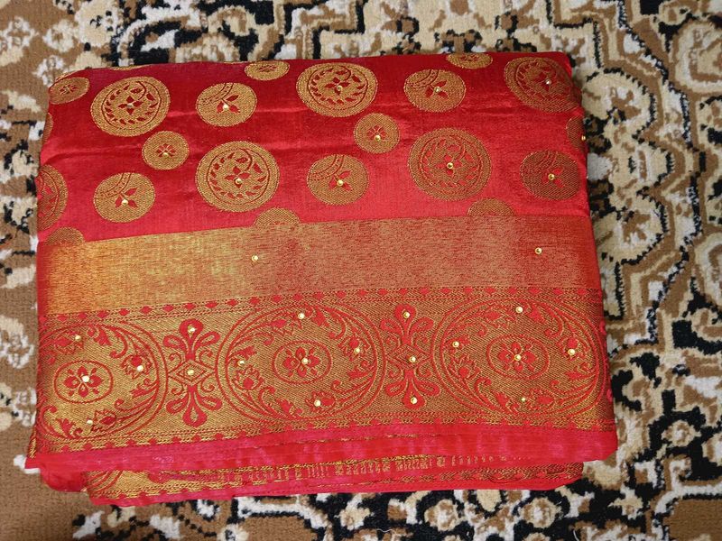 Red &amp; Gold Embellished Saree