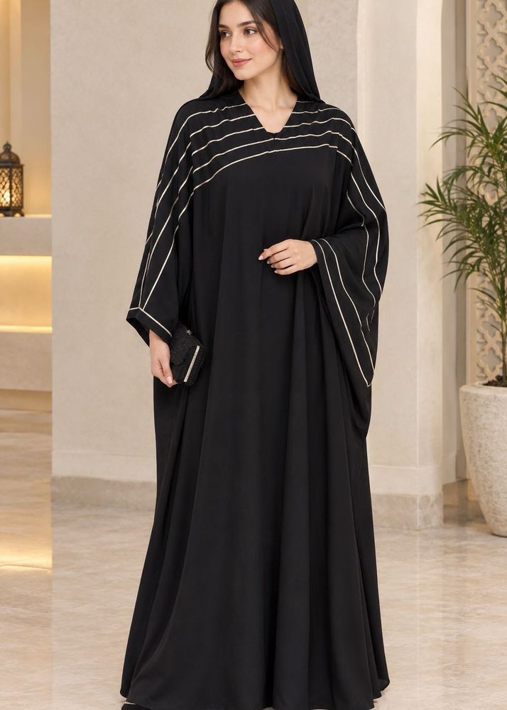 Elegant Black Abaya with White Stripes
