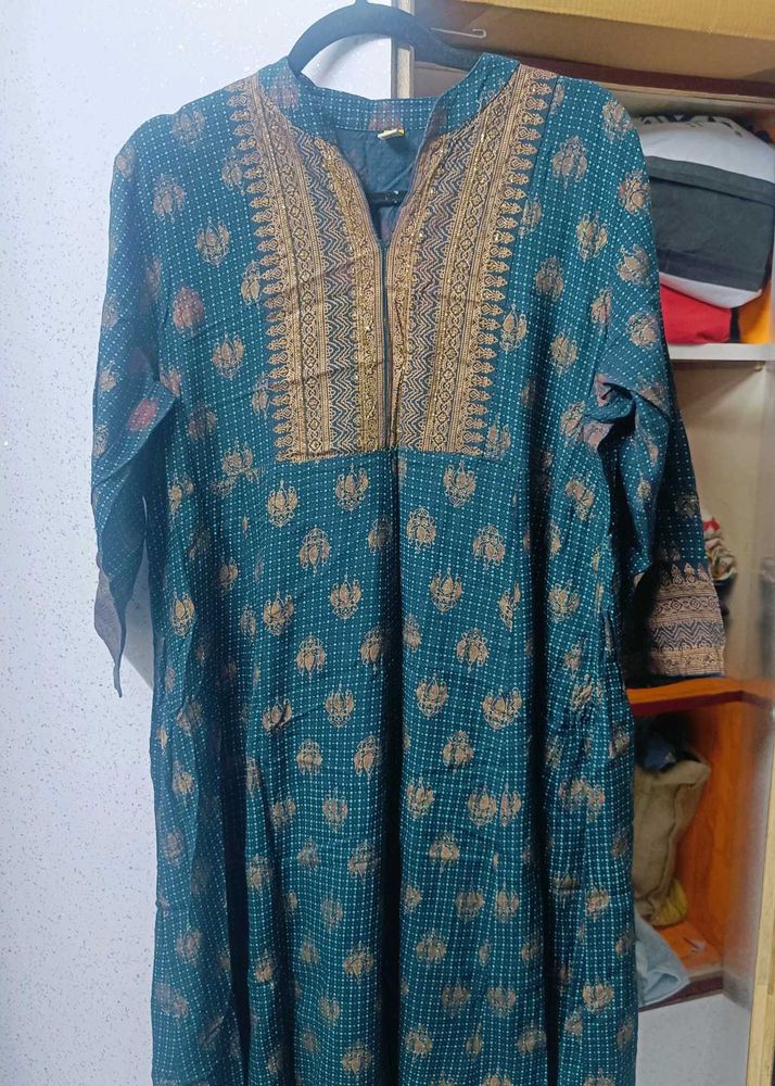 Teal &amp; Gold Printed Kurta with leggings