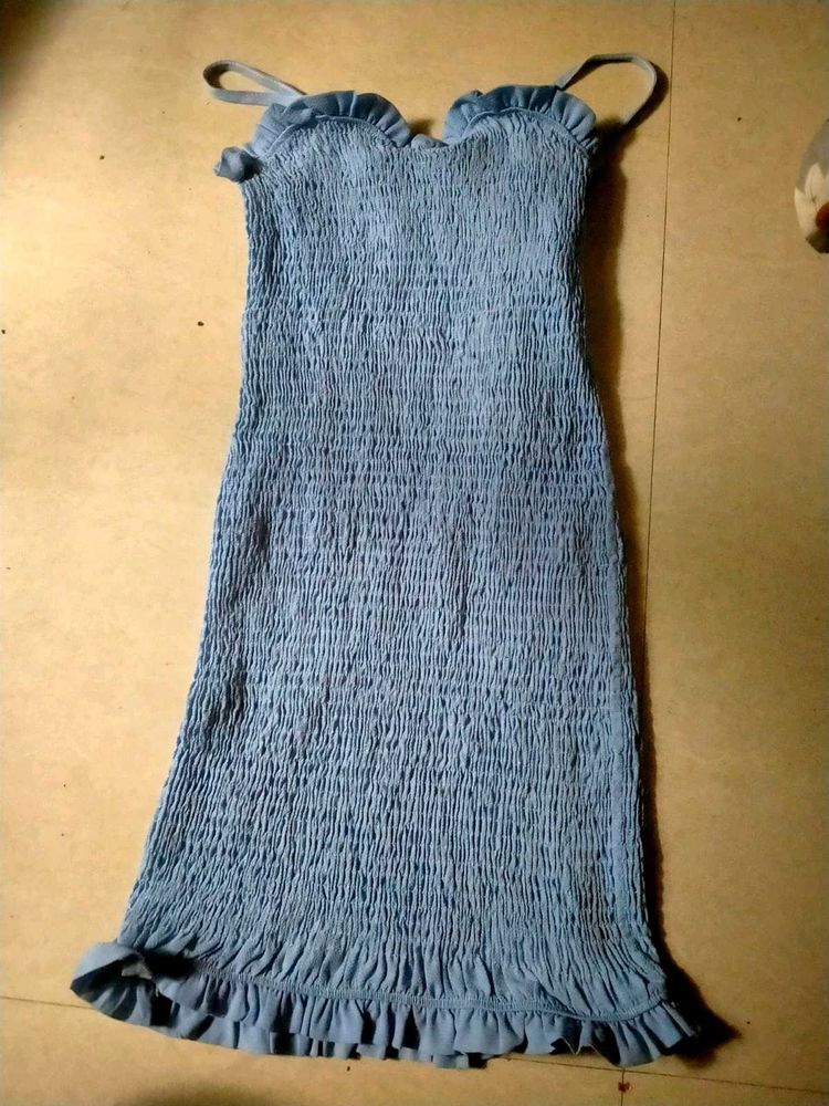 Smocked bodycon Light Blue Ruffle Trim Dress