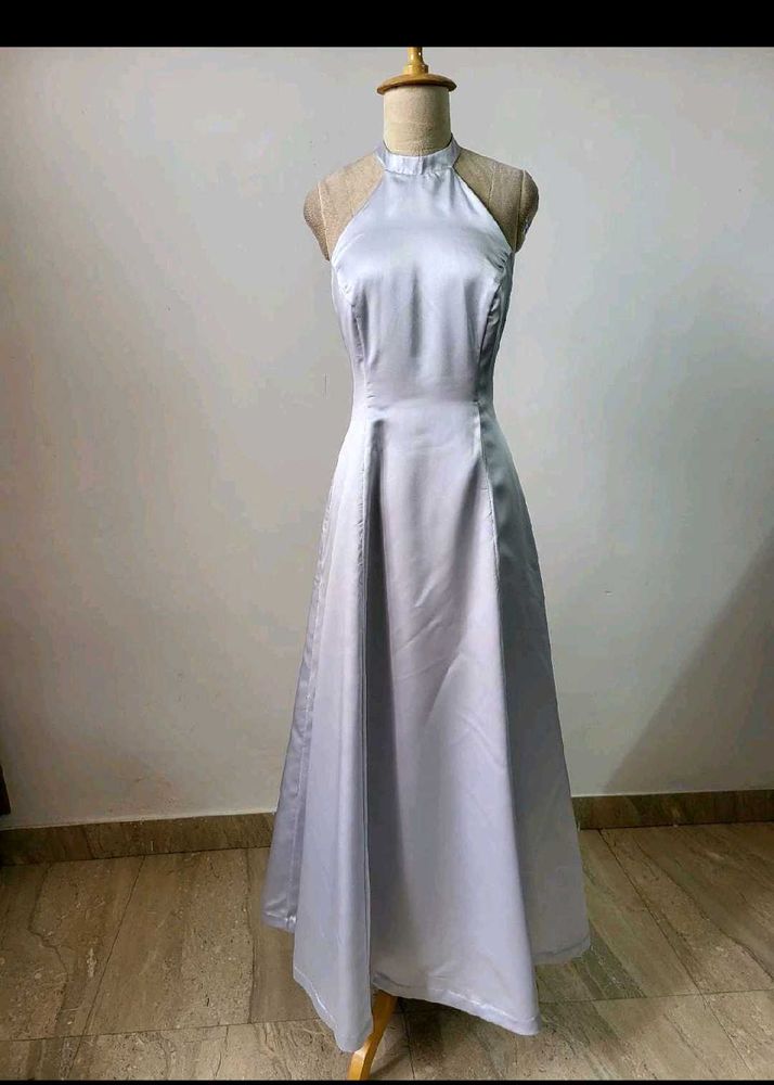 Elegant Silver Halter Neck Maxi Dress