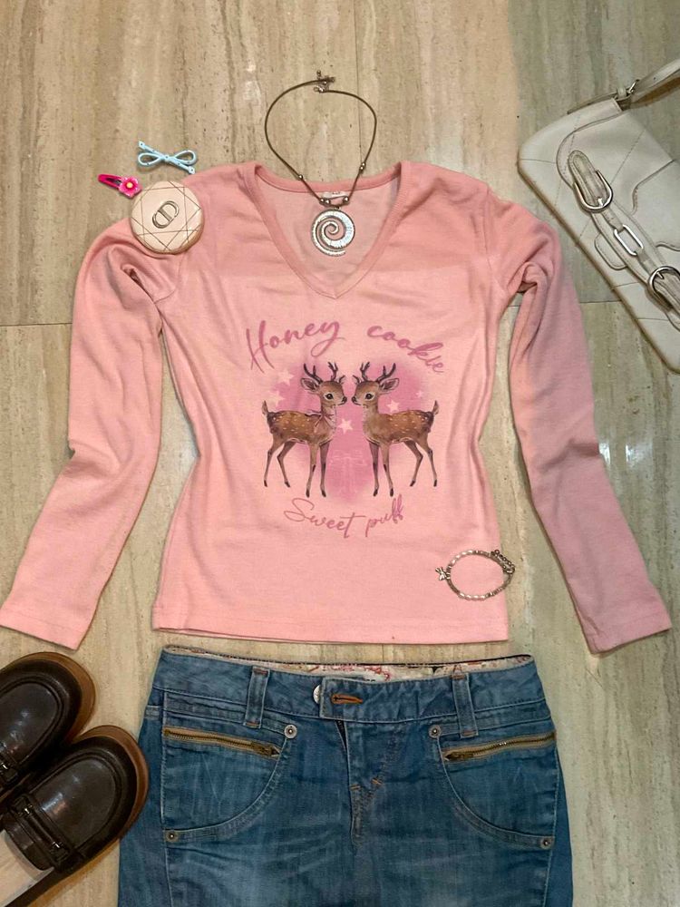 Cute Pink Deer Graphic Long Sleeve Top