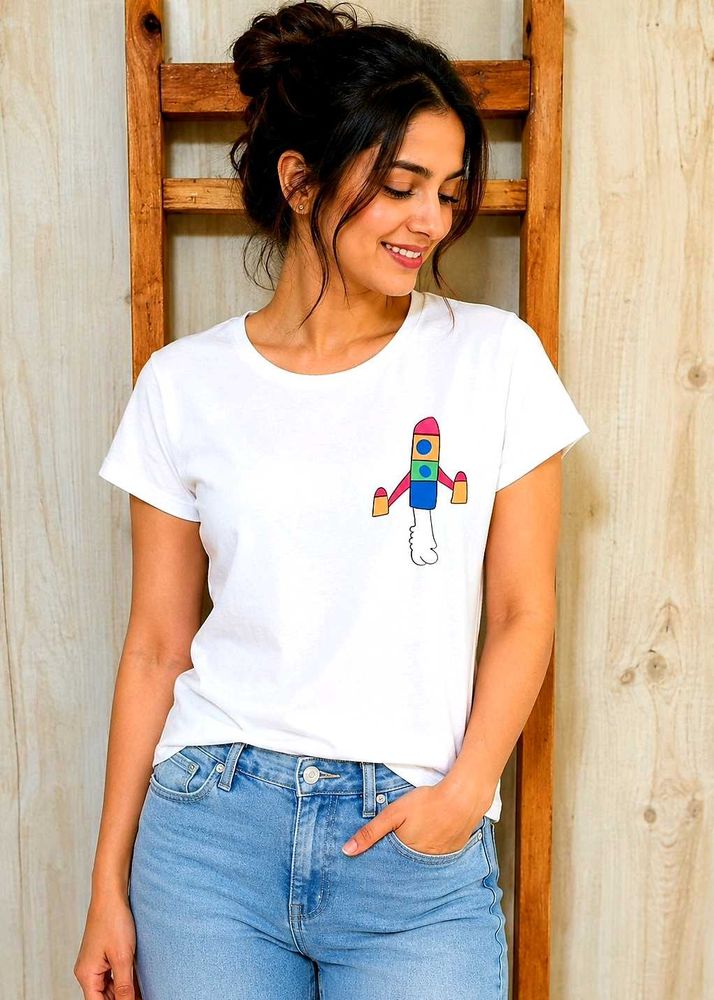 White T-Shirt with Rocket Graphic Size-30