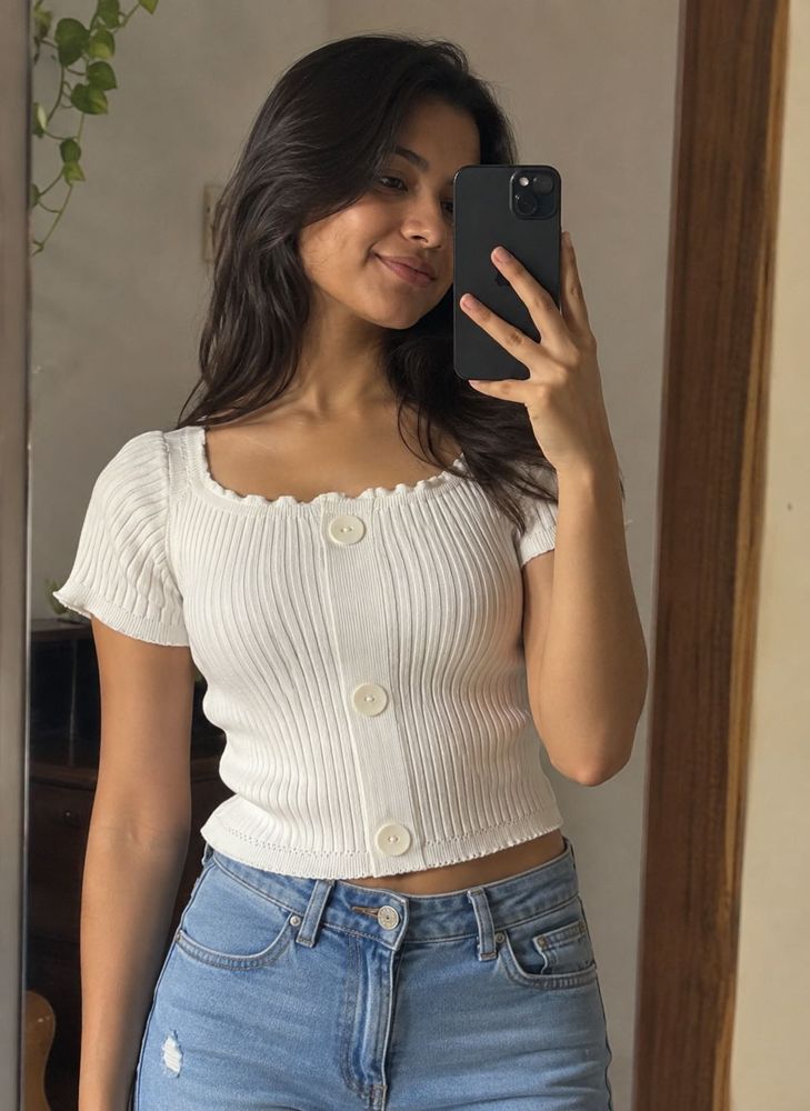 White Ribbed Button-Up Top