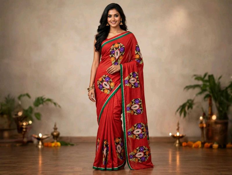 Elegant Red Embroidered Silk Saree