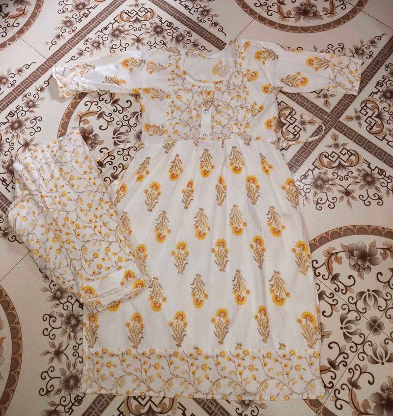 🤍🔥Graceful White &amp; Yellow Cotton Printed Suit Se
