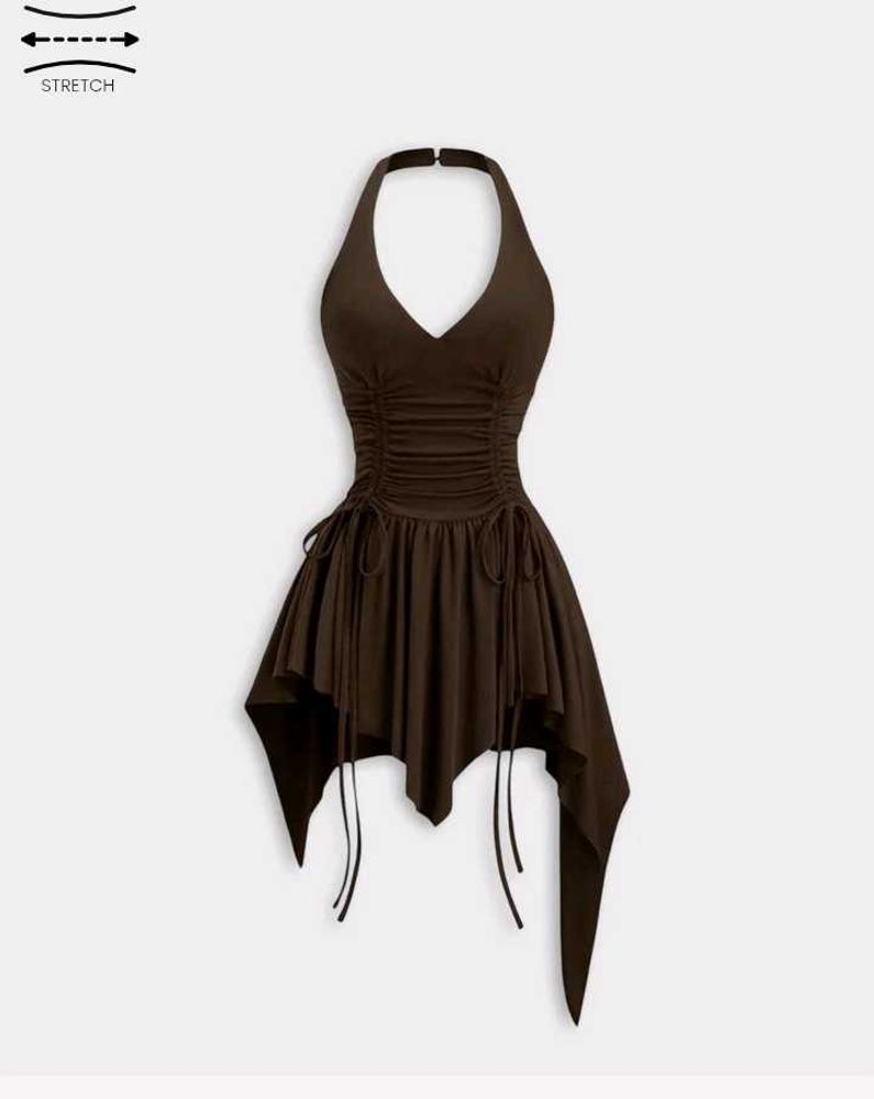 Brown Halter Neck Ruched Dress