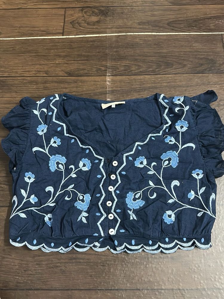 Embroidered Blue Cropped Top