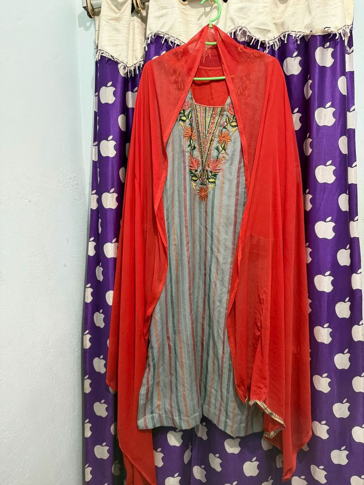 Red Grey Embroidered Suit Set