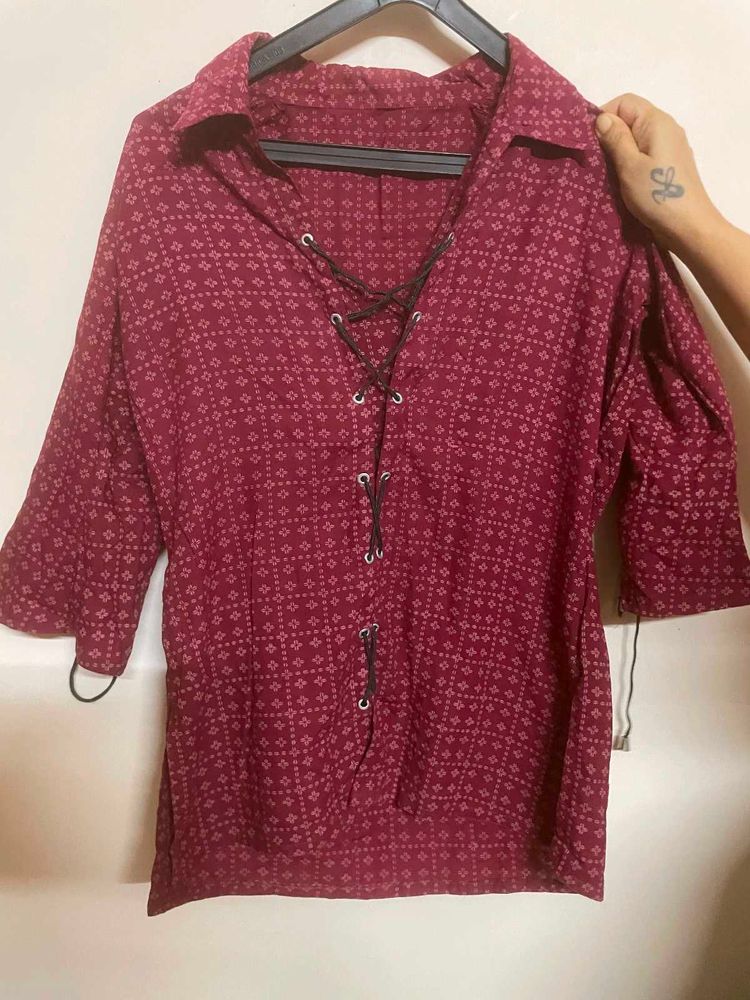 Maroon Lace-Up Tunic Top