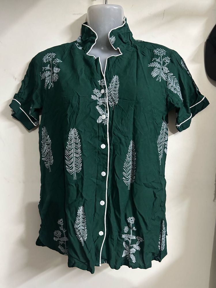 Chic Green Printed Short Sleeve Top