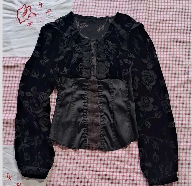 Black Velvet Floral Puff Sleeve Top