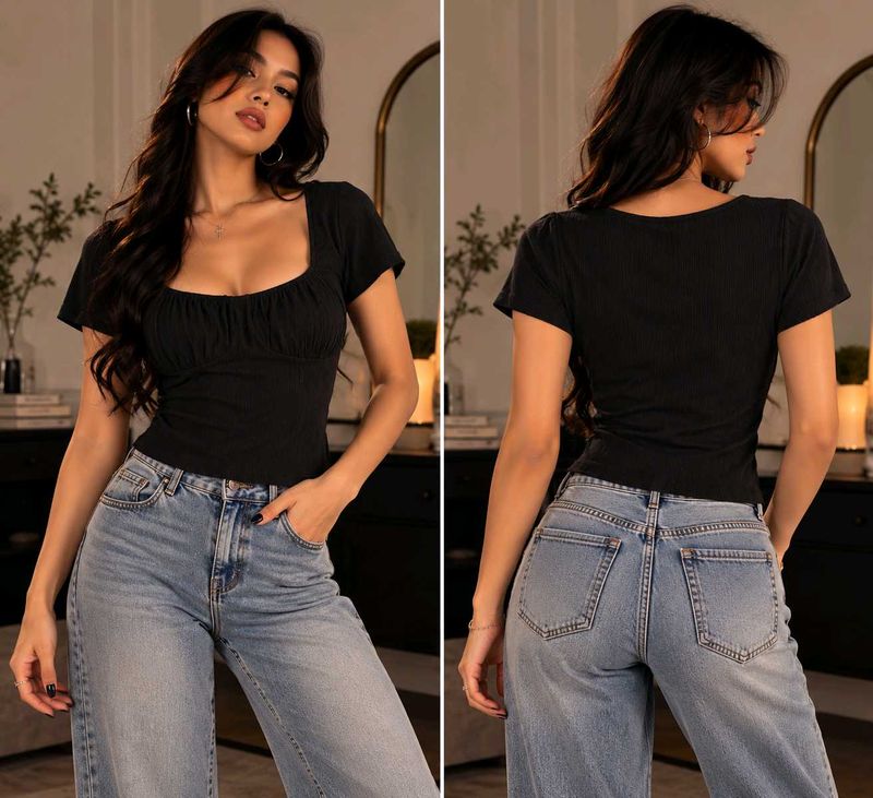 Chic Black Ruched Square Neck Top