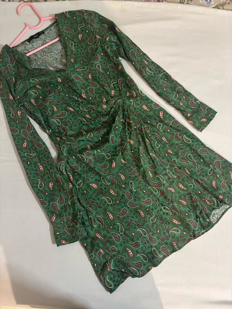 Mango Green Paisley Print Wrap Dress
