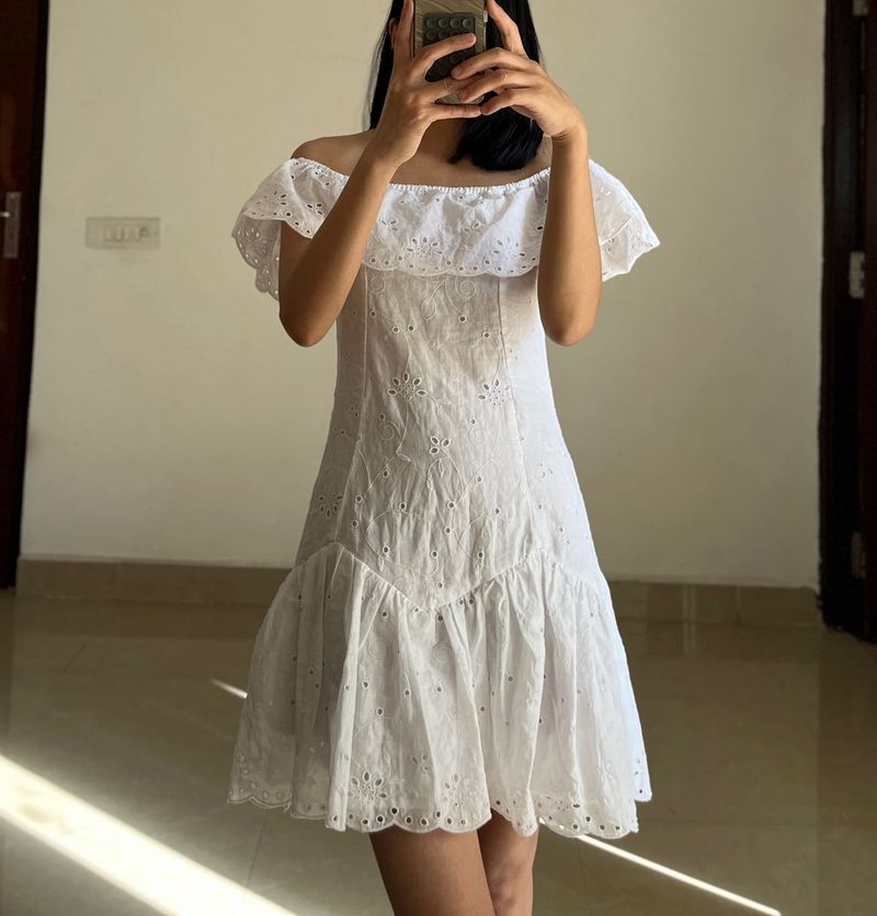 Off-Shoulder White  Broderie MINI Dress