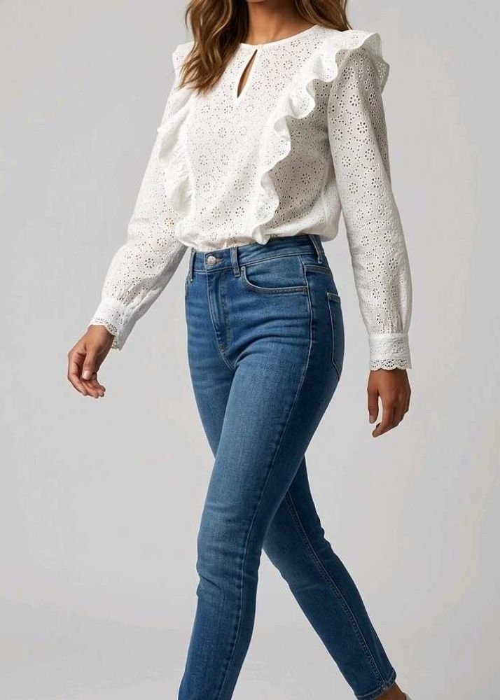 White eyelet ruffle long sleeve top
