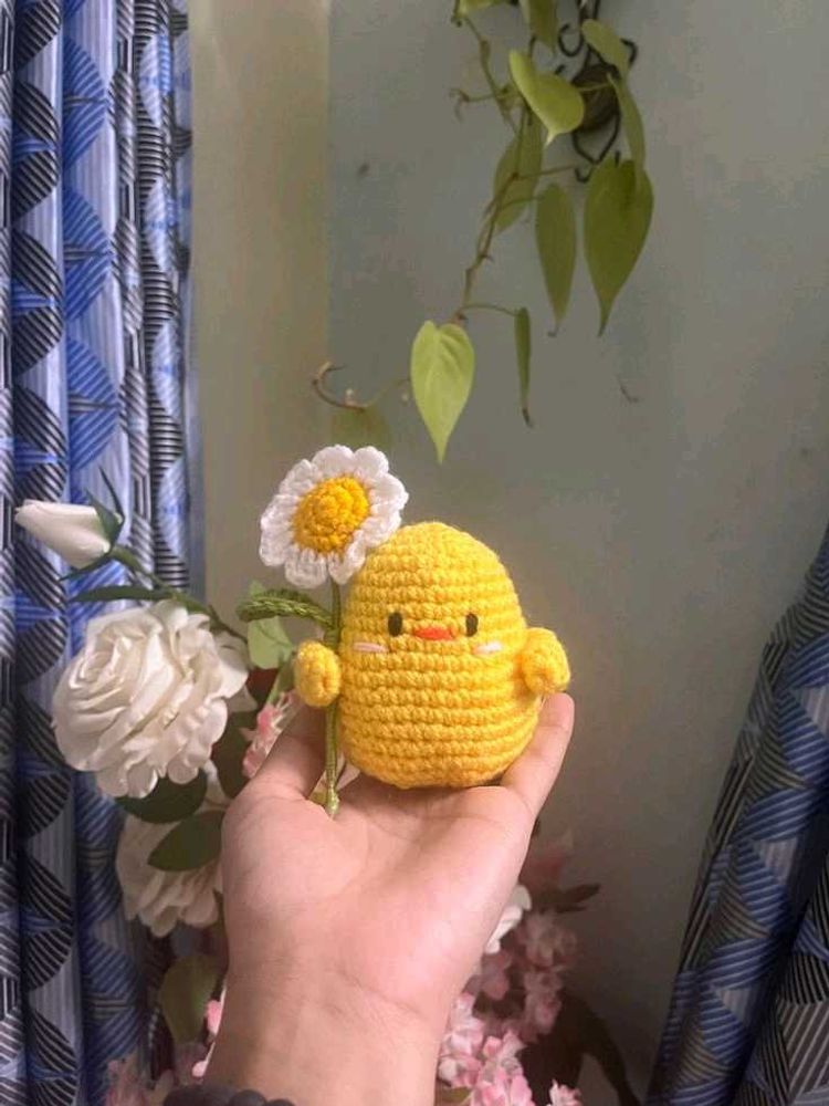 Crocheted Yellow Chick with Flower