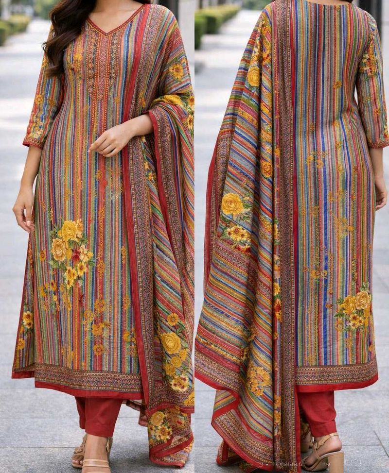 SEMI - WOOLEN MULTI-COLOURED KURTA SET