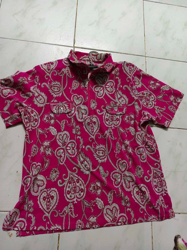 Vibrant Pink Paisley Print Polo Shirt