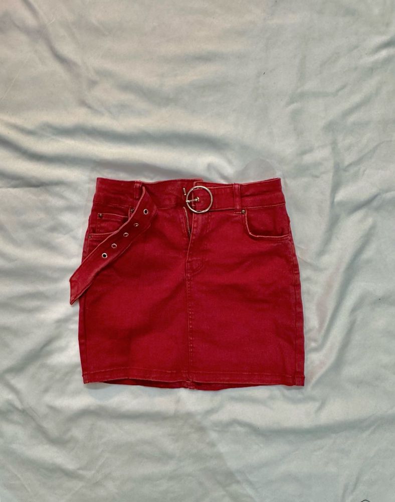 Red Denim Mini Skirt with Belt