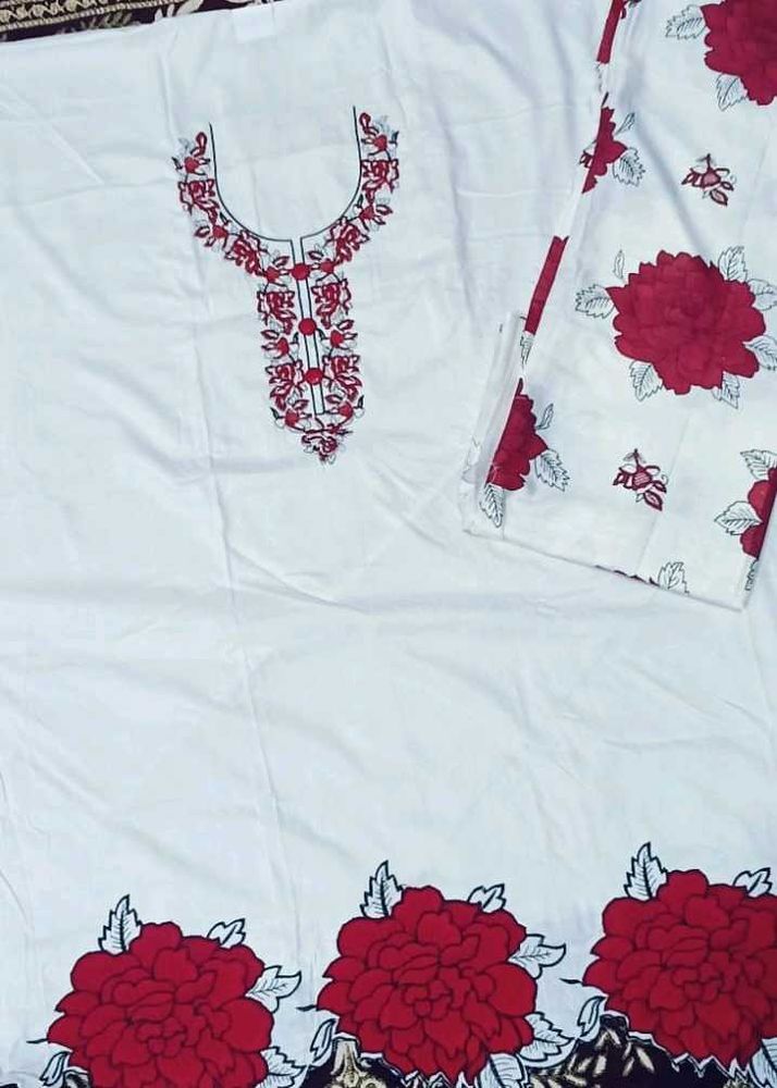 White Kurta Set with Red Floral Print