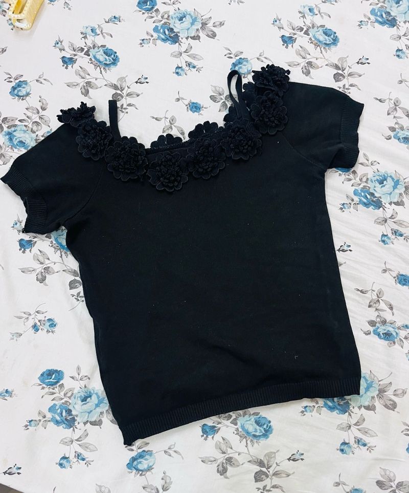 Black Floral Lace Trim top