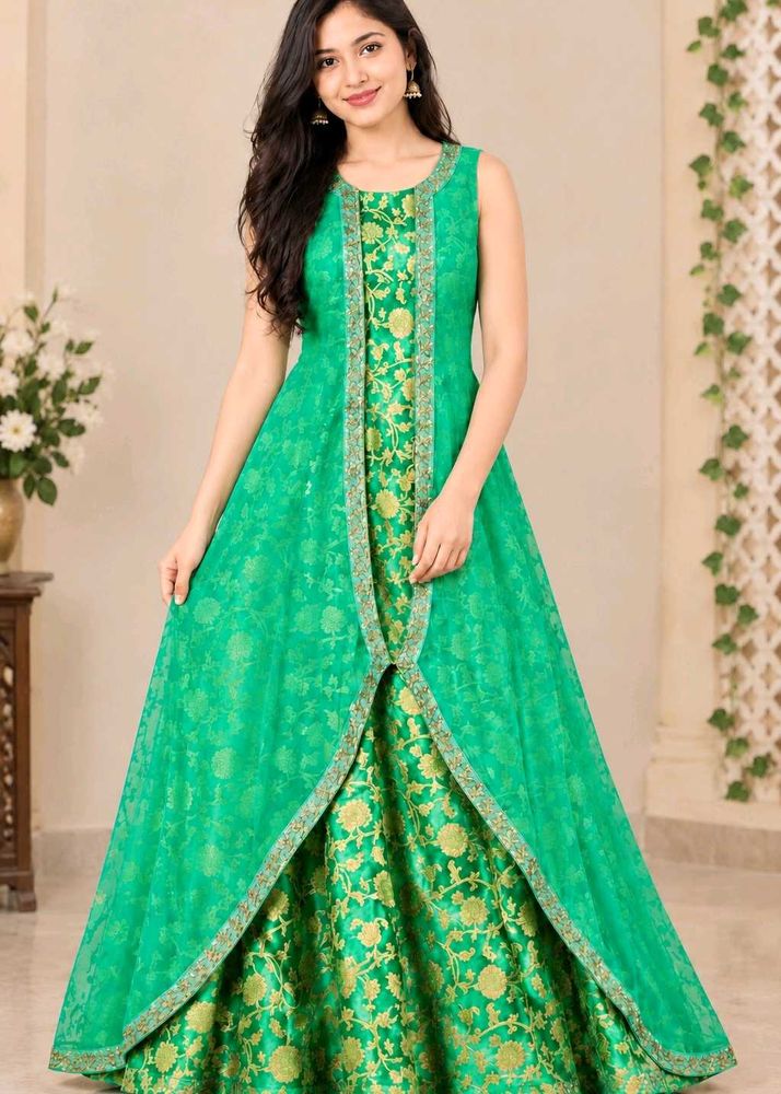 Stunning Green Brocade Ethnic Gown