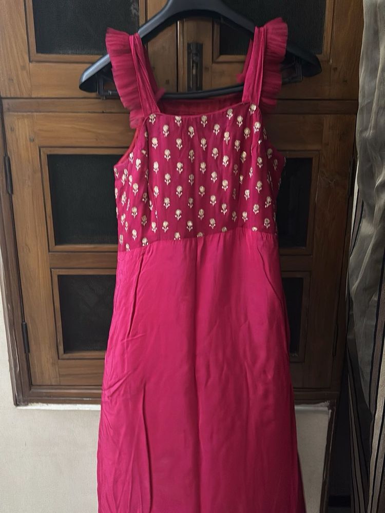 Vibrant Pink Ethnic Gown with Floral Print